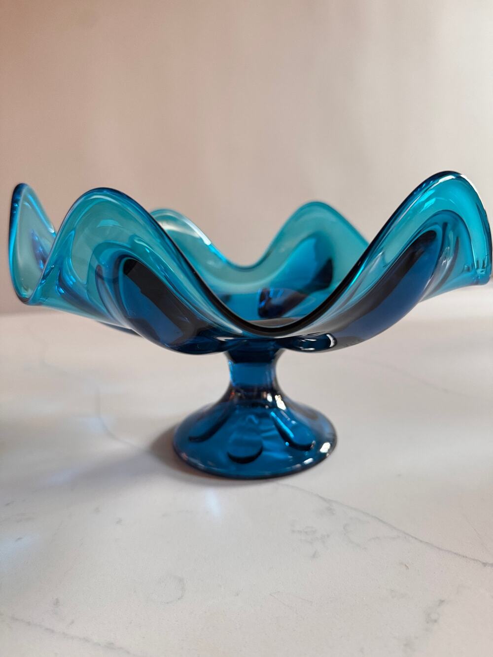 Vintage Viking Glass Bluenique Epic 6 Petal Pedestal Bowl Compote MCM 8.5"
